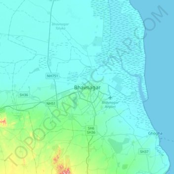 Carte topographique Bhavnagar, altitude, relief