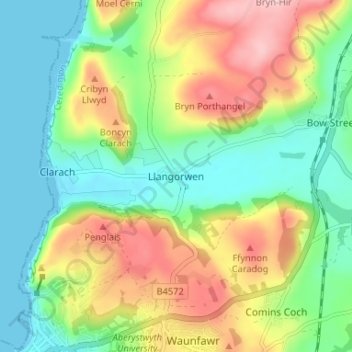 Carte topographique Llangorwen, altitude, relief