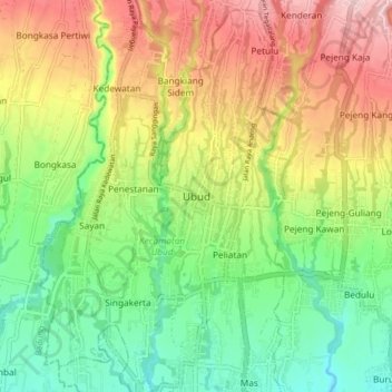 Carte topographique Ubud, altitude, relief