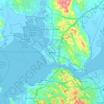 Carte topographique Vallejo, altitude, relief