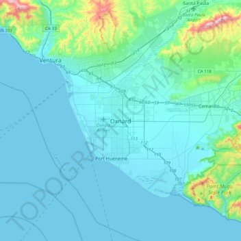 Carte topographique Oxnard, altitude, relief