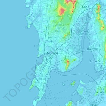 Carte topographique Mumbai, altitude, relief