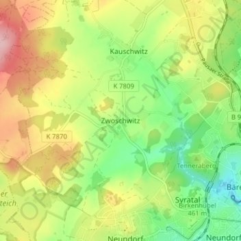 Carte topographique Zwoschwitz, altitude, relief