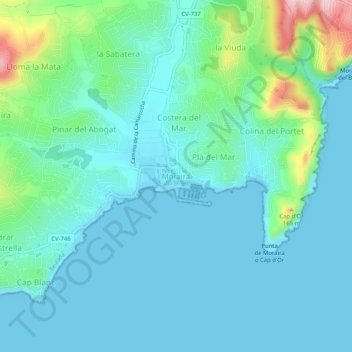 Carte topographique Moraira, altitude, relief