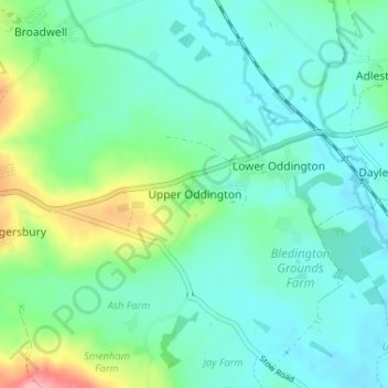 Carte topographique Upper Oddington, altitude, relief