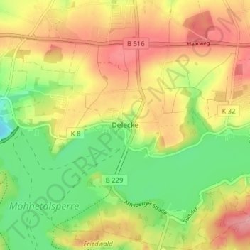 Carte topographique Delecke, altitude, relief