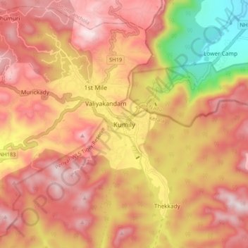 Carte topographique Kumily, altitude, relief