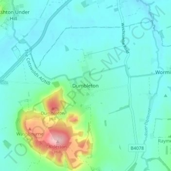 Carte topographique Dumbleton, altitude, relief