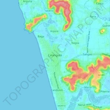 Carte topographique Calangute, altitude, relief