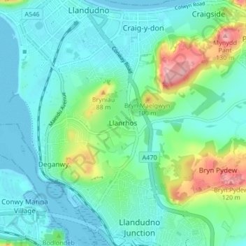 Carte topographique Llanrhos, altitude, relief