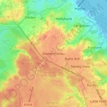 Carte topographique Dibden Purlieu, altitude, relief