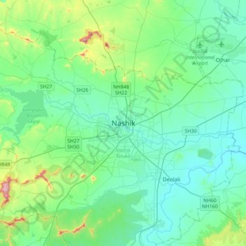 Carte topographique Nashik, altitude, relief