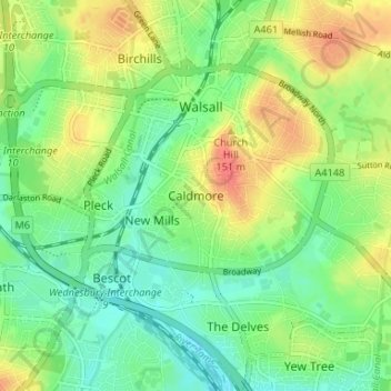 Carte topographique Caldmore, altitude, relief