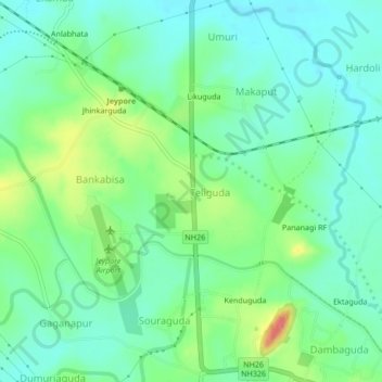 Carte topographique Mangriguda, altitude, relief