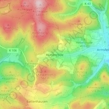 Carte topographique Hüttenrode, altitude, relief