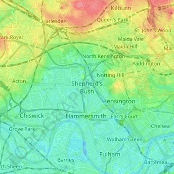 Carte topographique Shepherd's Bush, altitude, relief