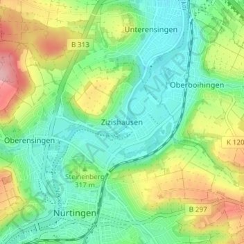 Carte topographique Zizishausen, altitude, relief
