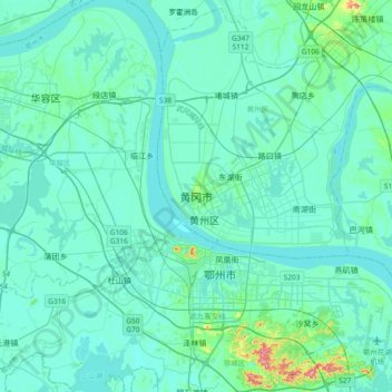 Carte topographique 黄冈市, altitude, relief