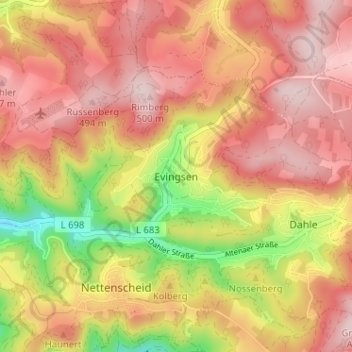Carte topographique Evingsen, altitude, relief