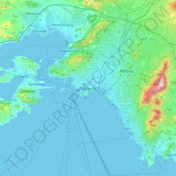 Carte topographique Le Pirée, altitude, relief