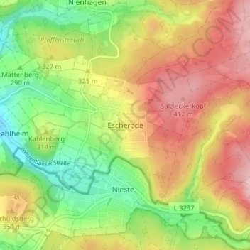 Carte topographique Escherode, altitude, relief