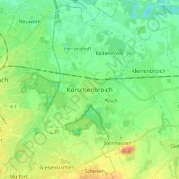 Carte topographique Korschenbroich, altitude, relief