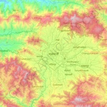 Carte topographique Kathmandu, altitude, relief