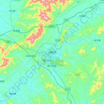 Carte topographique 浏阳市, altitude, relief