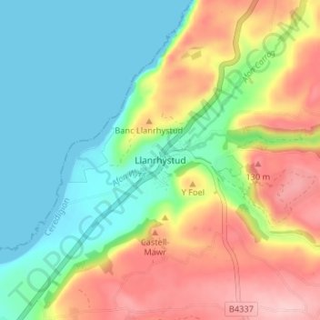 Carte topographique Llanrhystud, altitude, relief