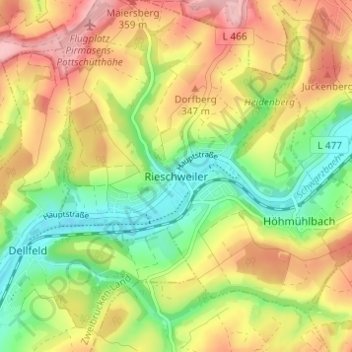 Carte topographique Rieschweiler, altitude, relief