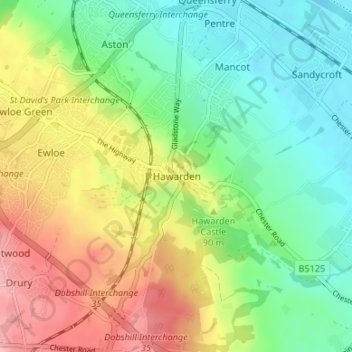 Carte topographique Hawarden, altitude, relief