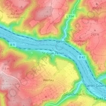 Carte topographique St. Goar-Fellen, altitude, relief