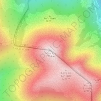 Carte topographique Moncayo, altitude, relief