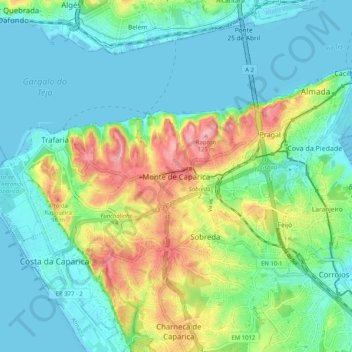 Carte topographique Monte de Caparica, altitude, relief