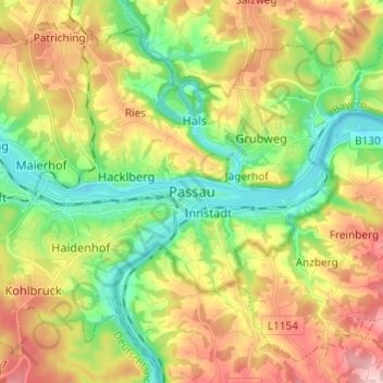 Carte topographique Passau, altitude, relief