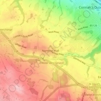 Carte topographique Northop Hall, altitude, relief
