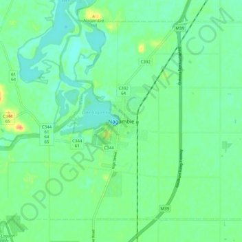 Carte topographique Nagambie, altitude, relief