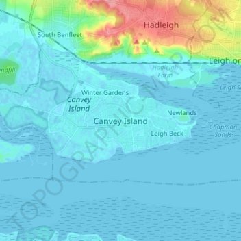 Carte topographique Canvey, altitude, relief