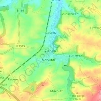 Carte topographique Zschaitz, altitude, relief