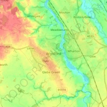 Carte topographique Winsford, altitude, relief
