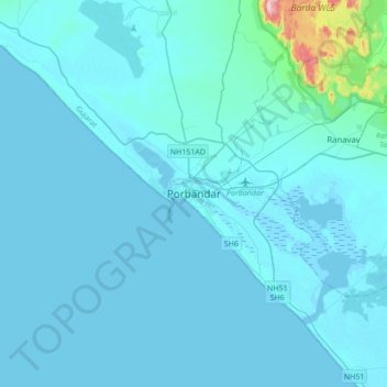 Carte topographique Porbandar, altitude, relief