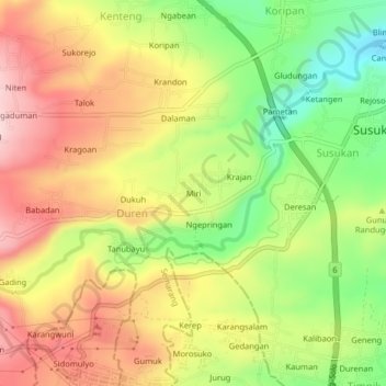Carte topographique Miri, altitude, relief