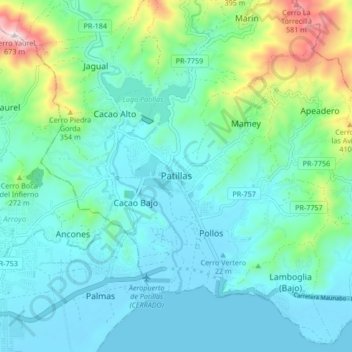 Carte topographique Patillas, altitude, relief