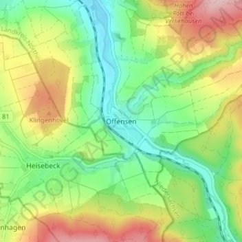 Carte topographique Offensen, altitude, relief