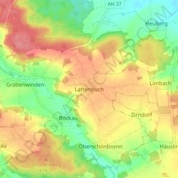 Carte topographique Lattenbuch, altitude, relief