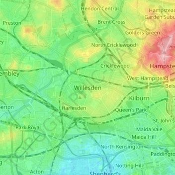 Carte topographique Willesden, altitude, relief