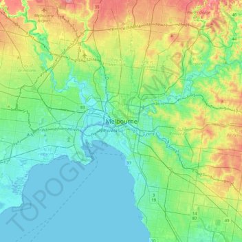 Carte topographique Melbourne, altitude, relief