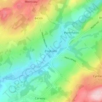 Carte topographique Pontyates, altitude, relief