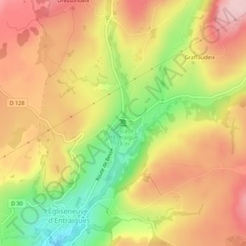 Carte topographique Cascade d'Entraigue, altitude, relief