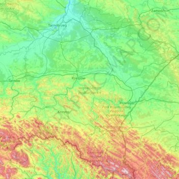 Carte topographique Voivodato de Subcarpacia, altitude, relief